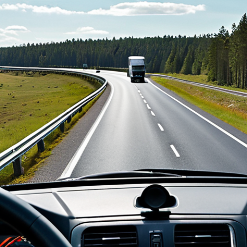 Home 15 **
A commercial truck driving on a highway in Sweden. The truck has a modern design, and the scene emphasizes safety through the presence of safety equipment like lane departure warnings or a front collision alert system visible on the dashboard. The background should show a typical Swedish landscape.
**