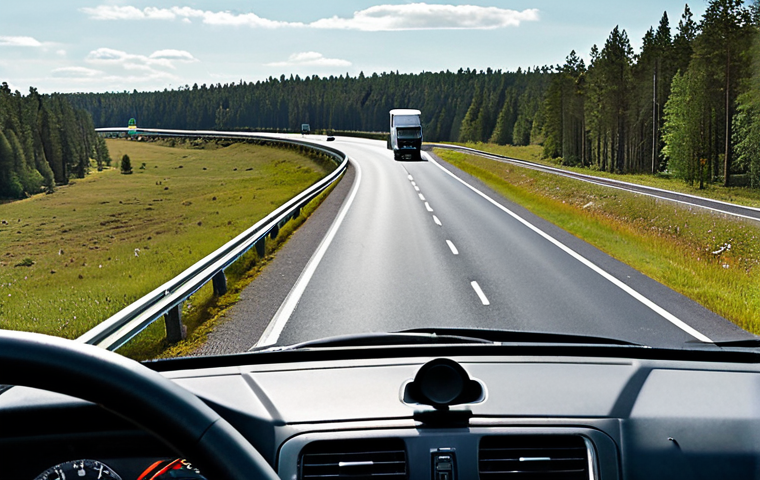 **

A commercial truck driving on a highway in Sweden. The truck has a modern design, and the scene emphasizes safety through the presence of safety equipment like lane departure warnings or a front collision alert system visible on the dashboard. The background should show a typical Swedish landscape.

**