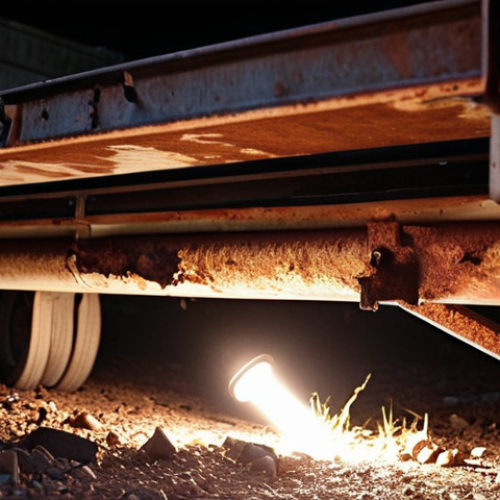 Home 14 **
A close-up shot of a rusty trailer frame underneath a trailer. Focus on the corroded metal, with a flashlight beam illuminating the damage. The composition should evoke a sense of hidden problems beneath a seemingly normal exterior.
**
