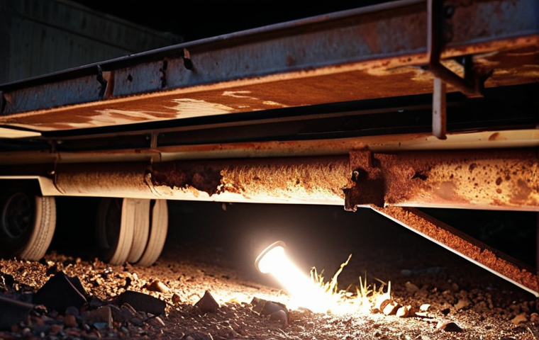 **
A close-up shot of a rusty trailer frame underneath a trailer. Focus on the corroded metal, with a flashlight beam illuminating the damage. The composition should evoke a sense of hidden problems beneath a seemingly normal exterior.
**